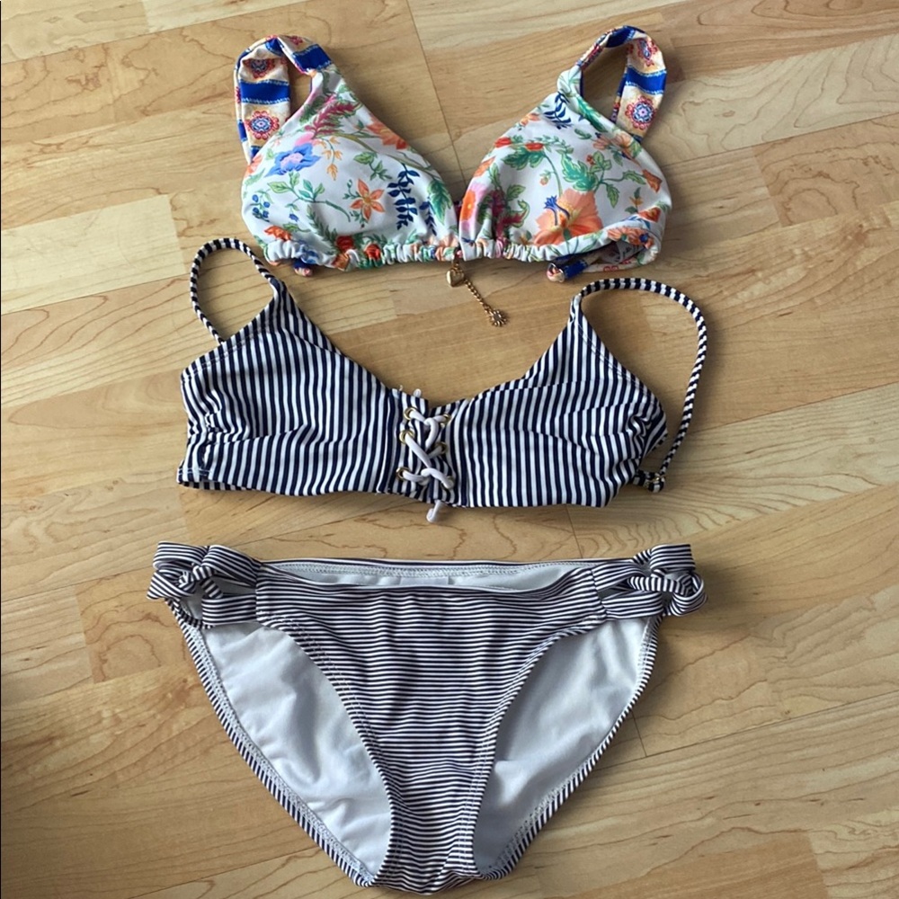 Lot of 3 floral bikini top and Xhilaration striped navy and white Bikini Set